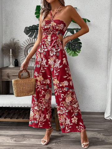Floral Print Hollow Out Strapless Wide Leg Jumpsuit