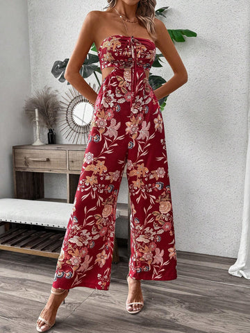 Floral Print Hollow Out Strapless Wide Leg Jumpsuit