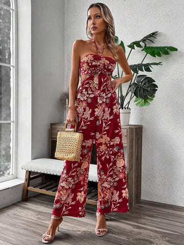 Floral Print Hollow Out Strapless Wide Leg Jumpsuit