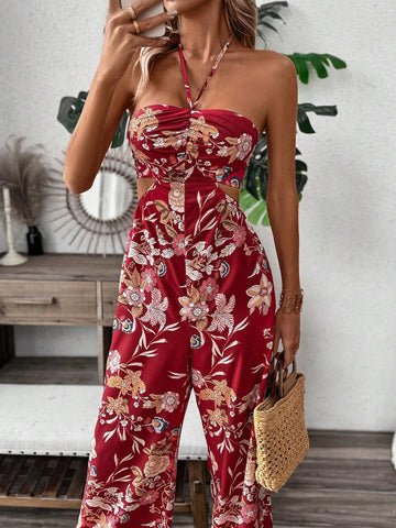 Floral Print Hollow Out Strapless Wide Leg Jumpsuit