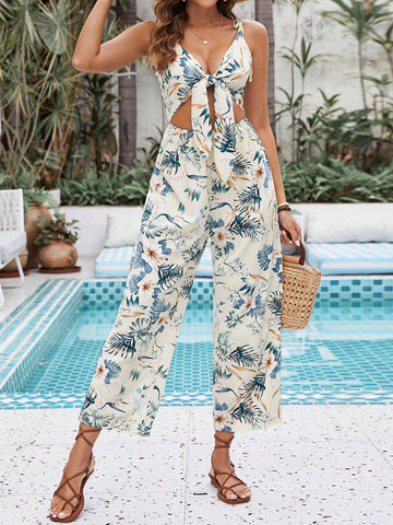 Floral Print Hollow Out Tie Front Jumpsuit