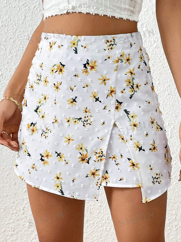 VCAY Floral Print Jacquard Split Hem Skort