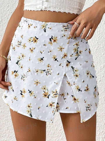 VCAY Floral Print Jacquard Split Hem Skort