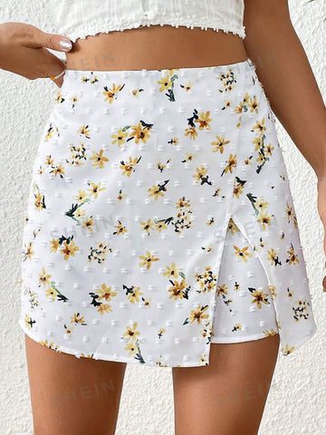 VCAY Floral Print Jacquard Split Hem Skort