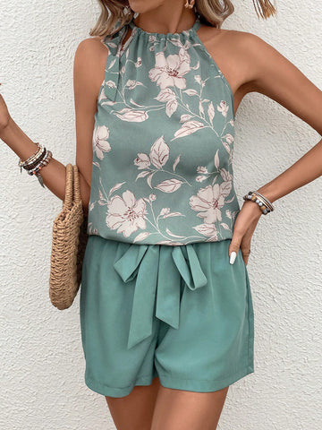 Floral Print Knotted Halter Top And Shorts Set