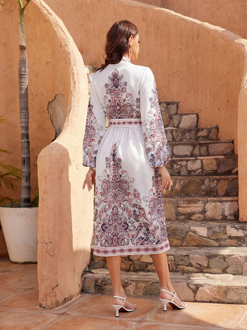 Floral Print Lantern Sleeve Long Sleeve Dress