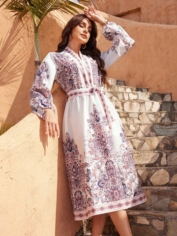 Floral Print Lantern Sleeve Long Sleeve Dress
