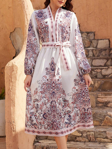 Floral Print Lantern Sleeve Long Sleeve Dress