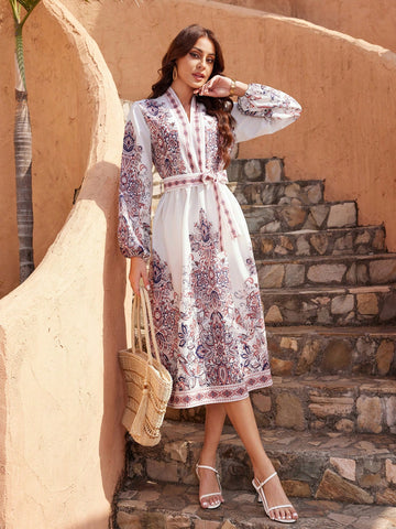 Floral Print Lantern Sleeve Long Sleeve Dress