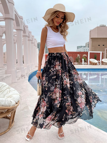 VCAY Floral Print Maxi Skirt