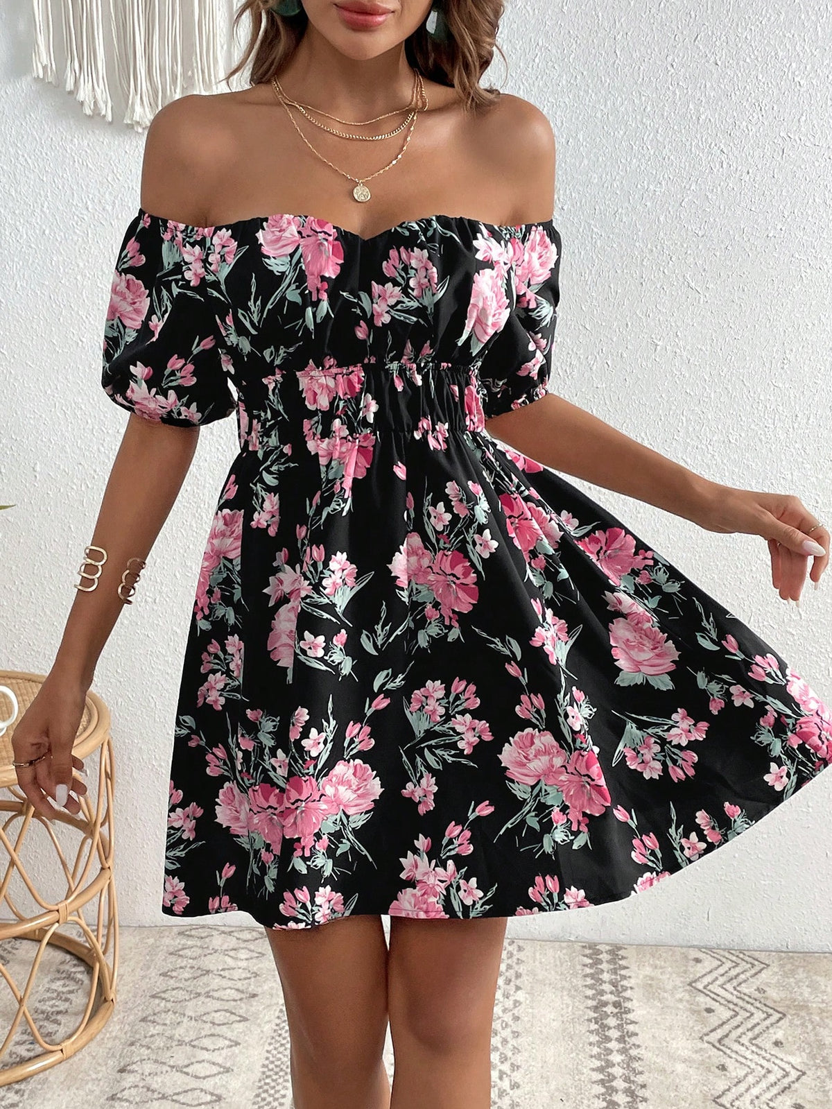 VCAY Floral Print Off Shoulder Dress