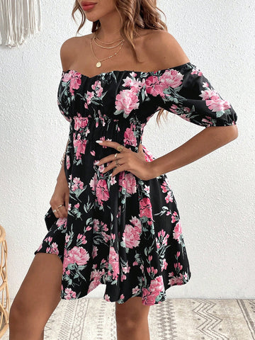 VCAY Floral Print Off Shoulder Dress