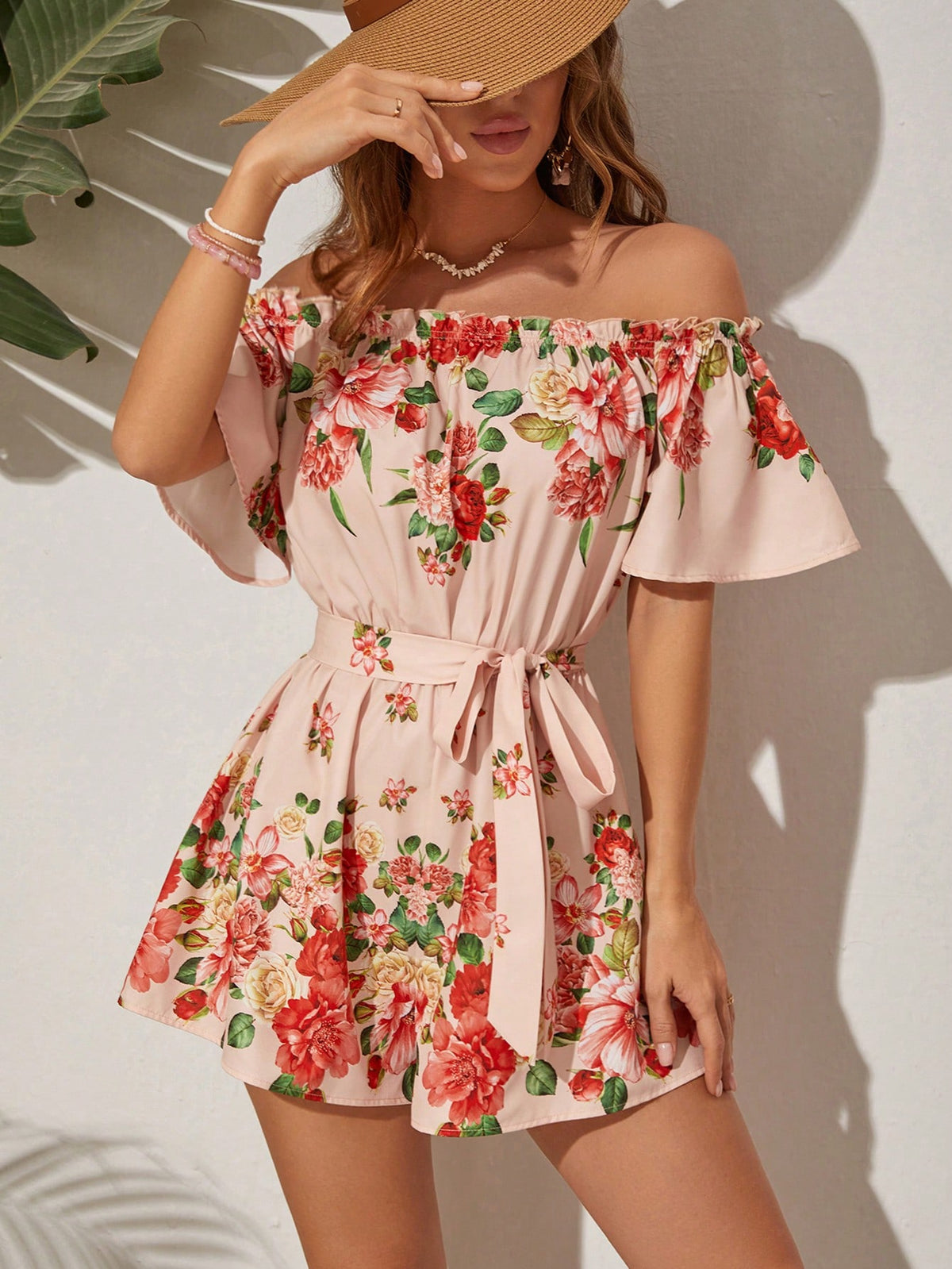 Floral Print Off Shoulder Jumpsuit For Vacation