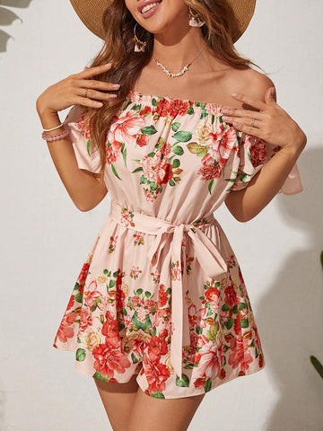 Floral Print Off Shoulder Jumpsuit For Vacation