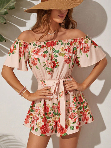 Floral Print Off Shoulder Jumpsuit For Vacation