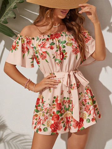Floral Print Off Shoulder Jumpsuit For Vacation