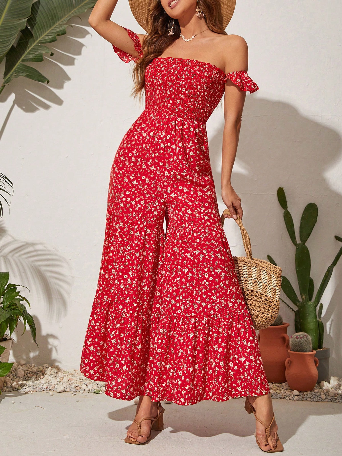 Floral Print Off Shoulder Wide Leg Jumpsuit For Vacation