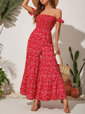 Floral Print Off Shoulder Wide Leg Jumpsuit For Vacation