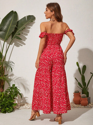 Floral Print Off Shoulder Wide Leg Jumpsuit For Vacation