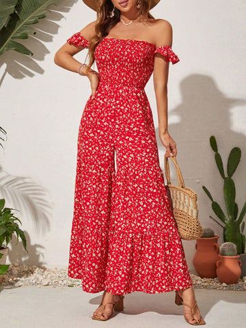 Floral Print Off Shoulder Wide Leg Jumpsuit For Vacation