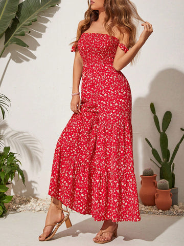 Floral Print Off Shoulder Wide Leg Jumpsuit For Vacation