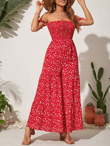 Floral Print Off Shoulder Wide Leg Jumpsuit For Vacation