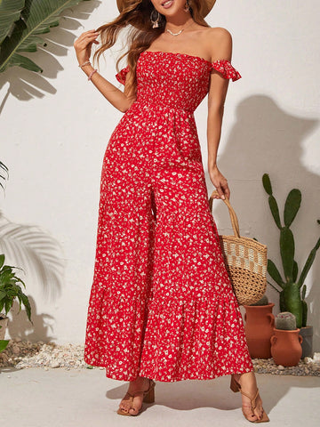 Floral Print Off Shoulder Wide Leg Jumpsuit For Vacation