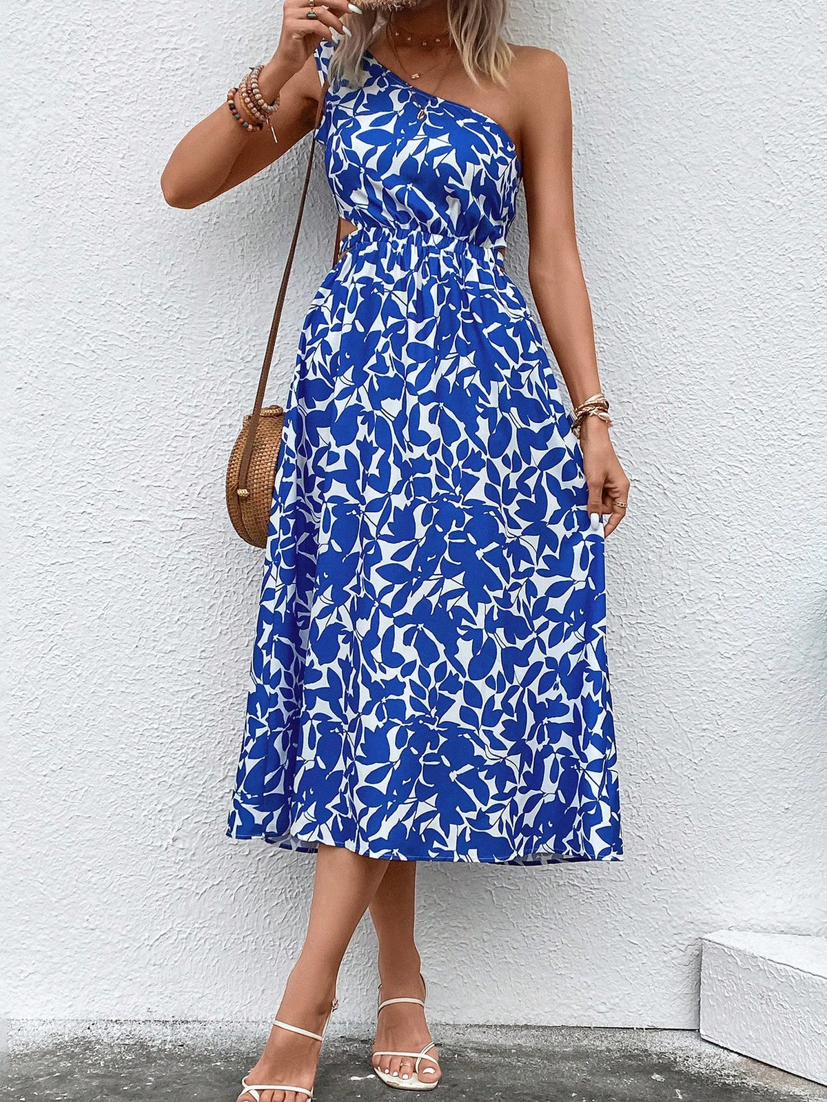 VCAY Floral Print One Shoulder Dress