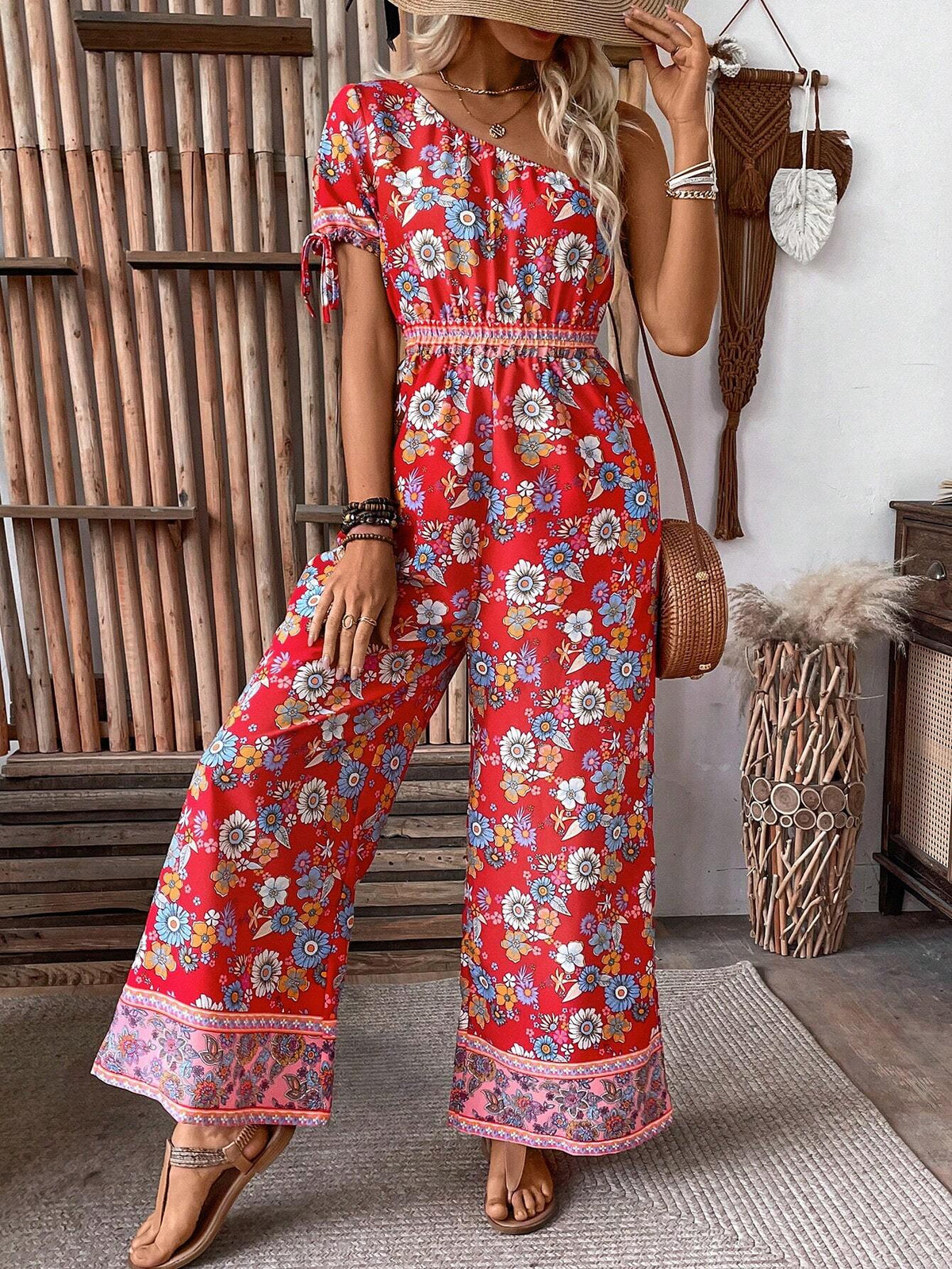 Floral Print One Shoulder Wide Leg Jumpsuit