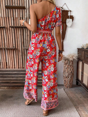 Floral Print One Shoulder Wide Leg Jumpsuit