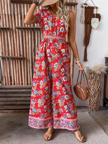 Floral Print One Shoulder Wide Leg Jumpsuit