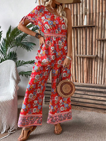 Floral Print One Shoulder Wide Leg Jumpsuit