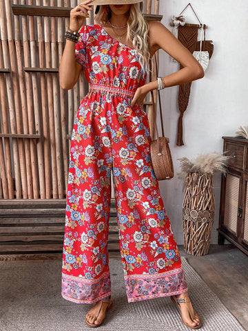 Floral Print One Shoulder Wide Leg Jumpsuit