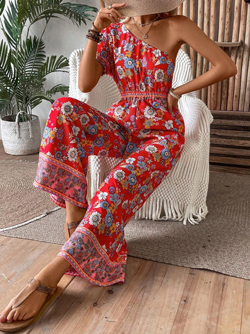 Floral Print One Shoulder Wide Leg Jumpsuit