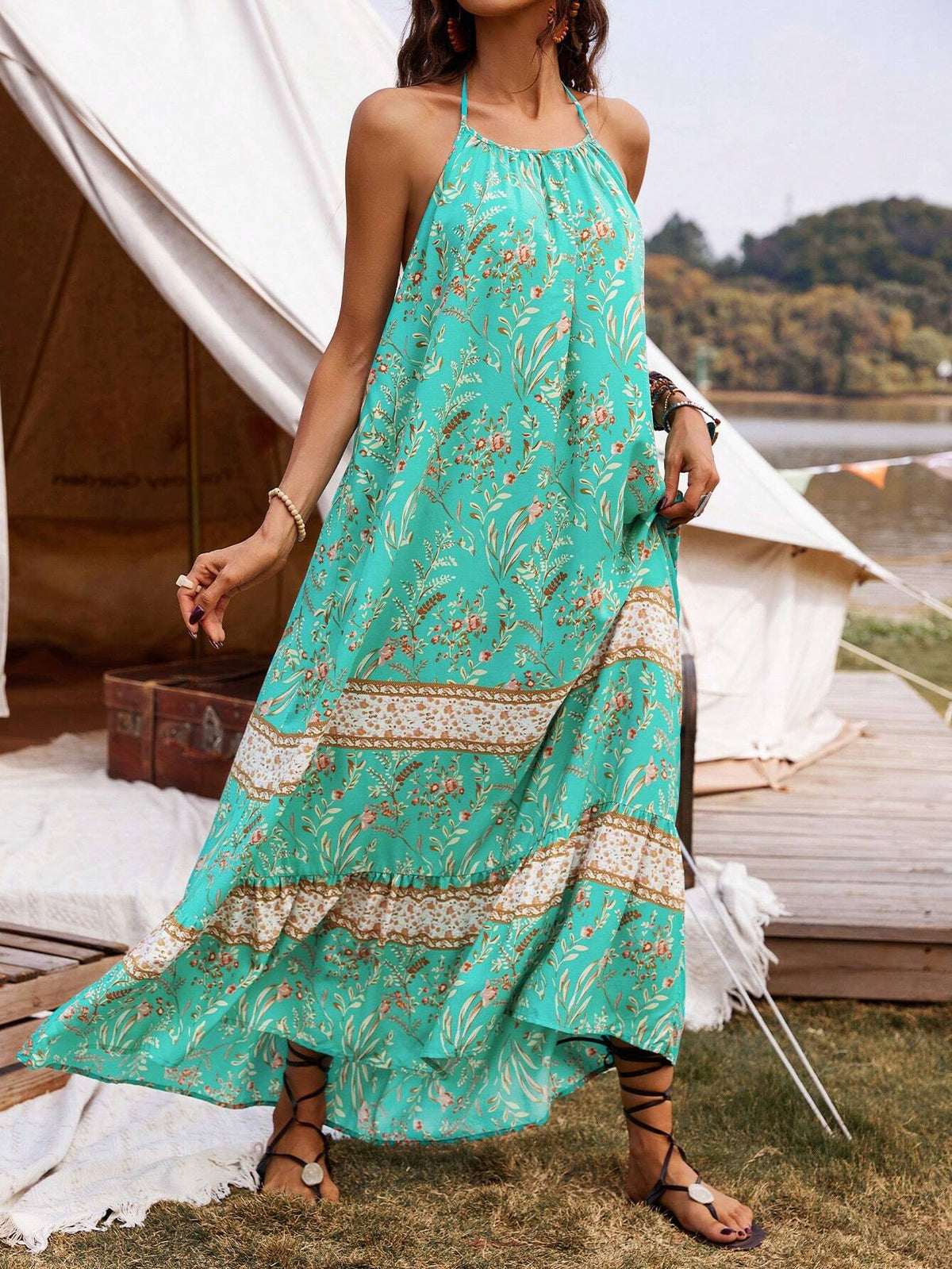 Floral Print Open Back Halter Neck Dress
