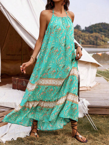 Floral Print Open Back Halter Neck Dress