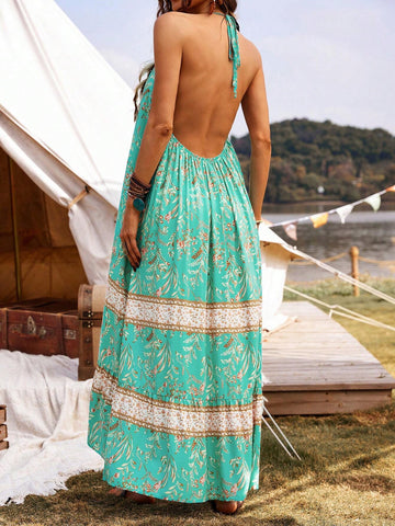 Floral Print Open Back Halter Neck Dress