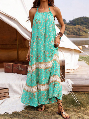 Floral Print Open Back Halter Neck Dress