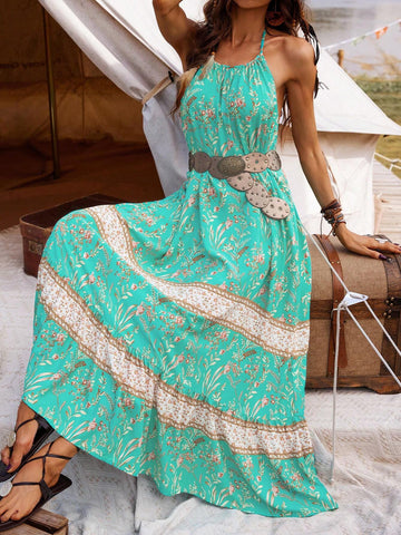 Floral Print Open Back Halter Neck Dress