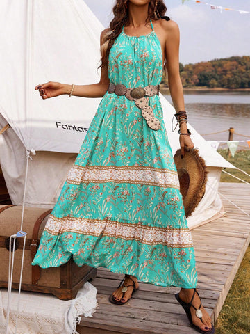 Floral Print Open Back Halter Neck Dress