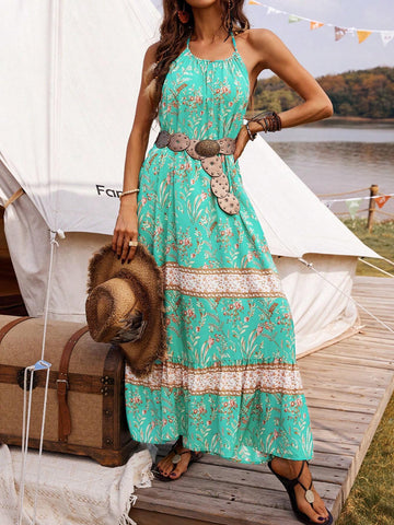 Floral Print Open Back Halter Neck Dress