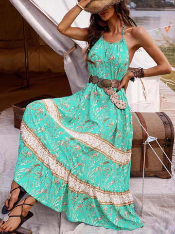 Floral Print Open Back Halter Neck Dress