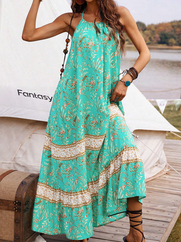 Floral Print Open Back Halter Neck Dress