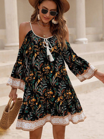 Floral Print Open Shoulder Bell Sleeve Sling Dress, Vacation/Casual