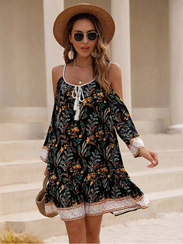 Floral Print Open Shoulder Bell Sleeve Sling Dress, Vacation/Casual