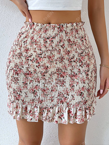 VCAY Floral Print Paperbag Waist Shirred Ruffle Hem Skirt