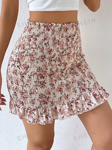 VCAY Floral Print Paperbag Waist Shirred Ruffle Hem Skirt