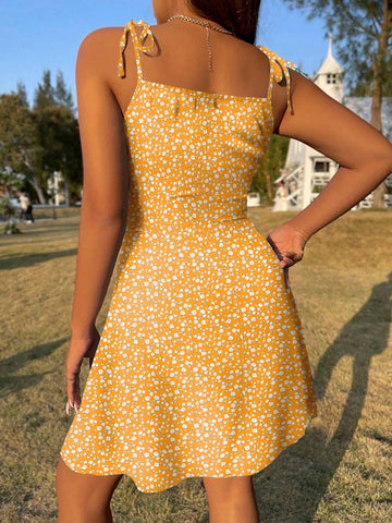 Floral Print Pleated Bust A-Line Hem Camisole Dress
