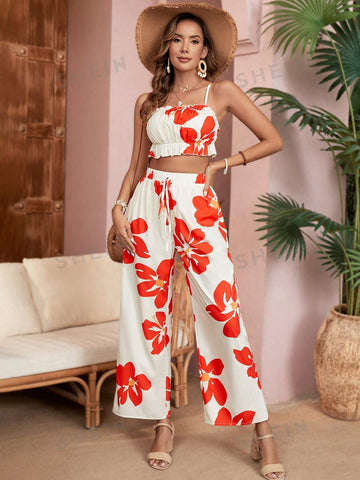 Floral Print Pleated Short Cami Top And Straight Pants