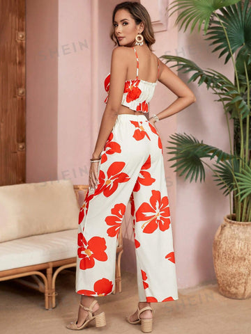 Floral Print Pleated Short Cami Top And Straight Pants